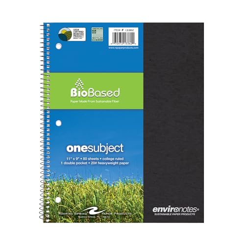 ROARING SPRING Environotes College Ruled Spiral Notebook, 1 Subject Recycled School Notebook with Storage Pocket, 11" x 9", 80 Perforated Sheets 20 lb Paper, 3 Hole Punched, Made in USA - size: 11" x 9" 80 Sheets (Pack of 1)