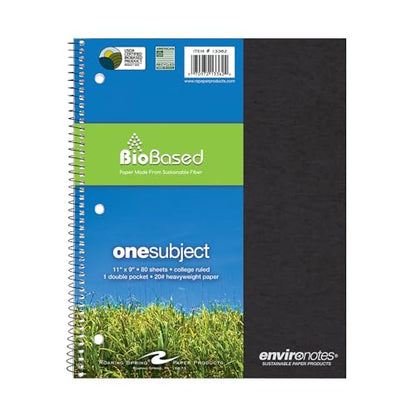 ROARING SPRING Environotes College Ruled Spiral Notebook, 1 Subject Recycled School Notebook with Storage Pocket, 11" x 9", 80 Perforated Sheets 20 lb Paper, 3 Hole Punched, Made in USA - size: 11" x 9" 80 Sheets (Pack of 1)