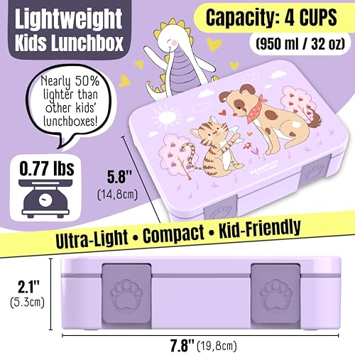 BEARFOOT Kids Lunch Box with Compartments – Compact & Lightweight | Leak-Proof, BPA-Free, Dishwasher Safe | Hand-Drawn Design for Preschool, School, Travel (Dog & Cat Purple, 4 Cups) | BPA Free Leakproof Lunch Box with Compartments School & Nursery for Gi