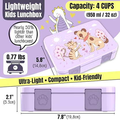 BEARFOOT Kids Lunch Box with Compartments – Compact & Lightweight | Leak-Proof, BPA-Free, Dishwasher Safe | Hand-Drawn Design for Preschool, School, Travel (Dog & Cat Purple, 4 Cups) | BPA Free Leakproof Lunch Box with Compartments School & Nursery for Gi
