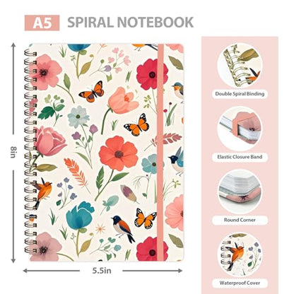 A5 Lined Spiral Journal Notebook, 146 Pages Hardcover Notebook with 100 GSM Thick Paper, Inner Pocket & Elastic Closure, 5.7" x 7.9", Notebooks for Work, School, College, Office, Journaling & Note Taking - color: Flower-A