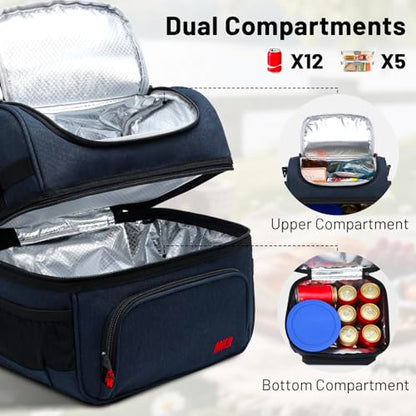MIER Dual Compartment Lunch Bag Tote with Shoulder Strap for Men and Women Insulated Leakproof Cooler Bag, Dark Blue - color: Navy Blue