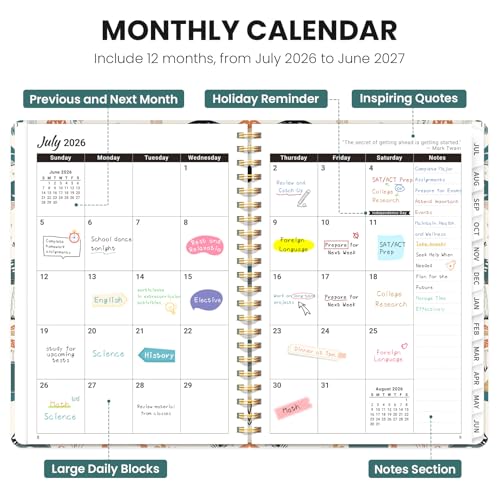 Planner 2026-2027, Academic Planner Weekly and Monthly, Jul 2026 - Jun 2027, Spiral Bound School Planning Tool with Tabs and Pocket, Perfect for Students & Teacher, 6.3" x 8.5", Mushrooms Grove - color: C-Mushrooms Grove, size: 6.3"x8.5" (A5)