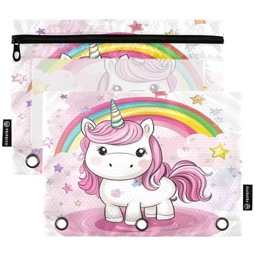 Studying 2 Pack Cute Cartoon Pink Unicorn Rainbow Stars 3 Ring Binder Pencil Pouch Bags,Clear Window Zipper Storage Case for Boys Girls School Office Supplies Cosmetics Organizers - color: Multi-pink Unicorn