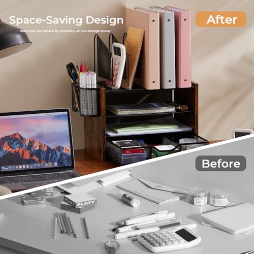 4-Tier Desk Organizer with Drawer, Wooden Mesh File Organizer with 5 Vertical Sorters & 2 Pen Holders, Multi-Functional Desktop Organizer for Home, Office & School
