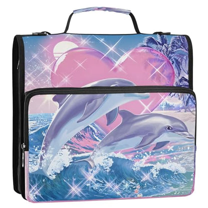 3 Ring Zipper Binder Dreamy Ocean Beach Dolphins Binders Bag with Shoulder Strap 500 Sheets Paper Organizer Trapper Keeper Documents Storage File Folder for School Office - color: A2394