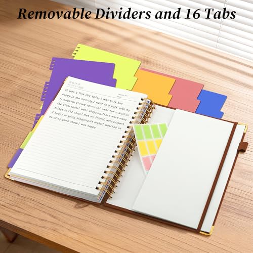 Hardcover Spiral Notebook Journal with Removable Dividers Tabs, 5 Subject Notebooks for Work School, 300 pages 8"x10" B5 leather Journal College Ruled, Cute Journal for Women Men, Brown - color: Brown