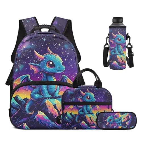 Dragon Starry Print Backpack Set for School Kids, 4PCS Book Bag with Lunch Bag Pencil Case Water Bottle Sleeve Back to School Supplies - color: Dragon Starry
