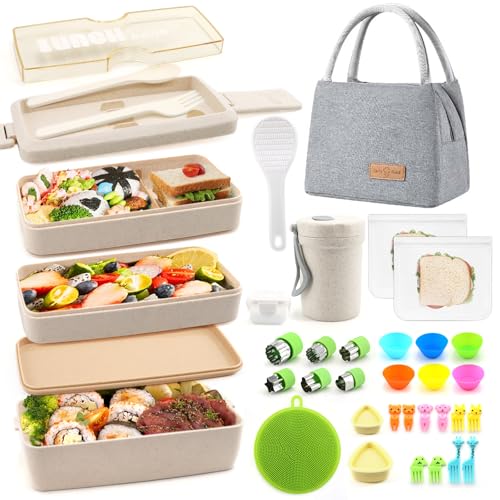 35Pcs Bento Box Japanese Lunch Box Kit Leakproof Bento Lunch Box for Kid Adult Wheat Straw 3 Layer Stackable Lunch Container w Compartment Eco-Friendly Meal Prep for Prepy Girl Boy Women (Beige) - color: Beige, size: 35Pcs