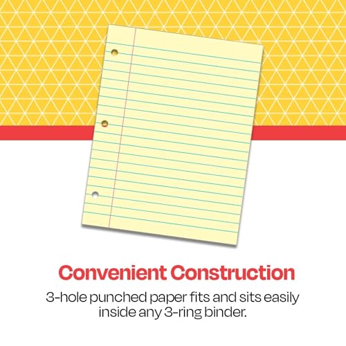 School Smart 3-Hole Punched Filler Paper, 8-1/2 x 11 Inches, Yellow, 100 Sheets