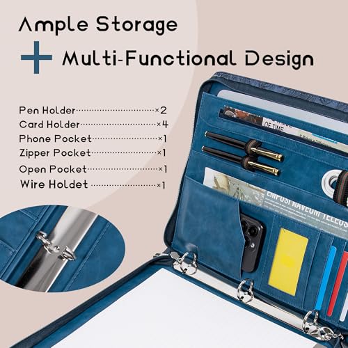 Dark Blue Embossed Portfolio,Business Zipper Binder with Handle,3 Ring Binder with Zipper 1 inch,PU Leather Portfolio,A4 Planner Folder with Laptop Pocket, Professional Organizer for Resume/Interview