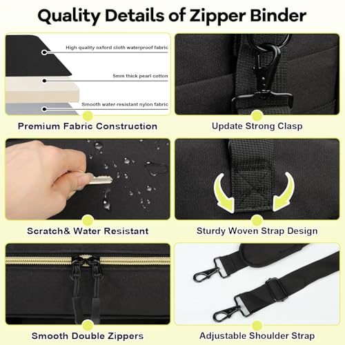 Covkev 3 Inch D-ring Zipper Binder Bag with Detachable Pen Case& Water Bottle Storage, Removable Binder with Zipper Case Hold 700+ Sheets& 13 Inch Laptop for School Office Supplies Organizer (Black)
