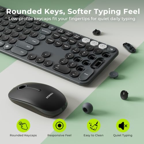 seenda Wireless Bluetooth Keyboard Mouse Combo, COE202 Retro Cute Round Keyboard, Silent Mouse, 3 Multi-Device Connection, Full Size Compatible for PC/Laptop/Mac/MacBook/iPad/Tablet, Black - color: Black