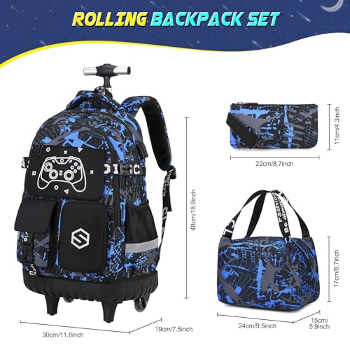 Scothen Rolling Backpack for Boys, Cool Luminous Gamer Roller School Backpacks for Boys with Lunch Bag and Pencil Pouch, Kids Backpack Bookbag with Wheels for Kindergarten Elementary Middle School - color: Blue