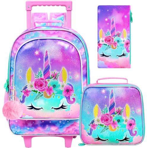 gxtvo Girls Rolling Backpack, Cute Unicorn Roller Wheels Kids Bookbag - Wheeled Elementary School Bag - 3PCS Unicorn - color: Uv Printing White-cat Rolling Backpack