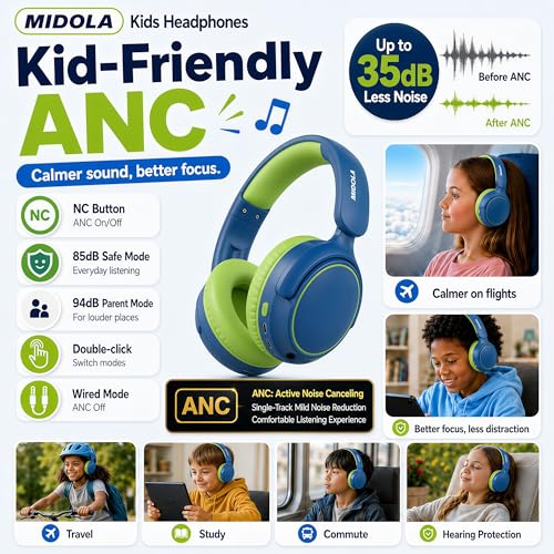 MIDOLA Kids Wireless Headphones Active Noise Cancelling Lightweight Bluetooth Headphone for Kid,Volume Limited 85/94dB Foldable Over-Ear Headset with Mic,68 Hours Playtime,for Toddler Child Green - color: Green
