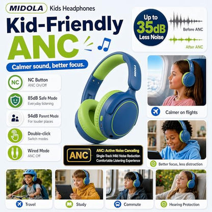 MIDOLA Kids Wireless Headphones Active Noise Cancelling Lightweight Bluetooth Headphone for Kid,Volume Limited 85/94dB Foldable Over-Ear Headset with Mic,68 Hours Playtime,for Toddler Child Green - color: Green