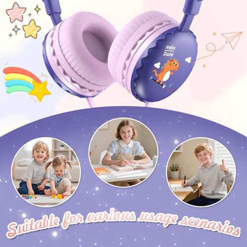 Kids Dinosaur Wired Headphones with Noise Cancelling Purple | Safe 85/94dB Volume Limit, HD Microphone for School, Soft Ear Cups, Pink Headphones for Toddlers & Teens. - color: Dinosaur Purple
