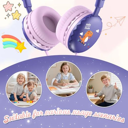 Kids Dinosaur Wired Headphones with Noise Cancelling Purple | Safe 85/94dB Volume Limit, HD Microphone for School, Soft Ear Cups, Pink Headphones for Toddlers & Teens. - color: Dinosaur Purple
