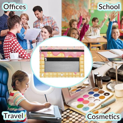 Pink Ice Cream Pencil Pouch for 3 Ring Binder Waffle Cookies Pencil Case Bag with Clear Window Zipper Pockets for Kids Girls Boys Students School College Supplies 2 Pack - color: Pink