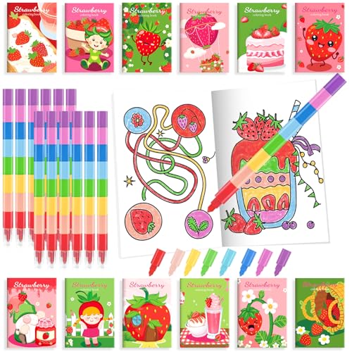 BenLouis 24 Strawberry Mini Coloring Books Kids with 24 Stacking Crayons Berry Party Favors Activity Books Bulk for Kids Girl Fruit First Goodie Bag Gift Stuffer Classroom Reward - style: Strawberry