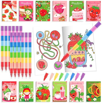 BenLouis 24 Strawberry Mini Coloring Books Kids with 24 Stacking Crayons Berry Party Favors Activity Books Bulk for Kids Girl Fruit First Goodie Bag Gift Stuffer Classroom Reward - style: Strawberry