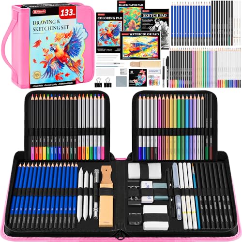 133 Pack Art Supplies Sketching Kit with Sketch Book, Coloring Book, Watercolor Pad, Black Paper Pad, Tutorial, Graphite Colored Charcoal Watercolor & Metallic Pencils for Artists Beginners Adults - color: Pink, size: 133 Pack