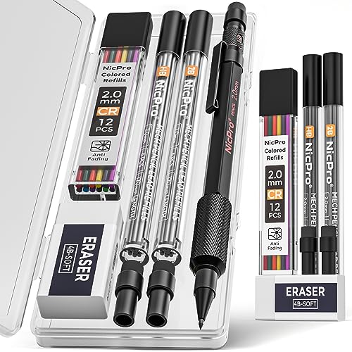 Nicpro 2mm Mechanical Pencils Set with Case, 12 Black & Colored Lead Refills, Erasers - MP2000 Weatherproof Metal Lead Holder, Heavy Duty Carpenter Pencil For Writing, Drawing, Woodworking - size: 1 Pack