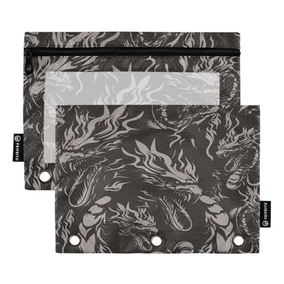Dragon Black Gothic Pencil Pouch for 3 Ring Binder 2 Pcs Binder Pouches with Zipper Pocket Pencil Case Bag with Clear Window for Office Work School Supplies - color: Dragon Black Gothic