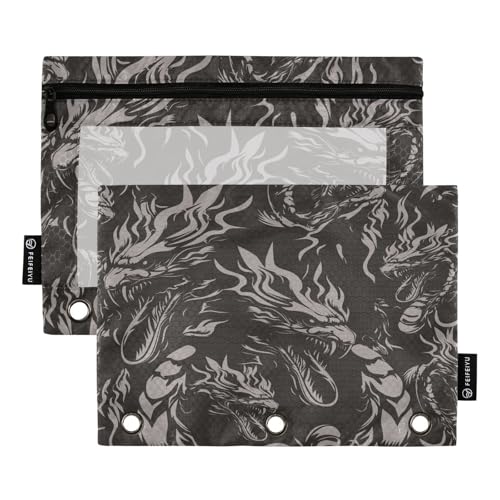 Dragon Black Gothic Pencil Pouch for 3 Ring Binder 2 Pcs Binder Pouches with Zipper Pocket Pencil Case Bag with Clear Window for Office Work School Supplies - color: Dragon Black Gothic