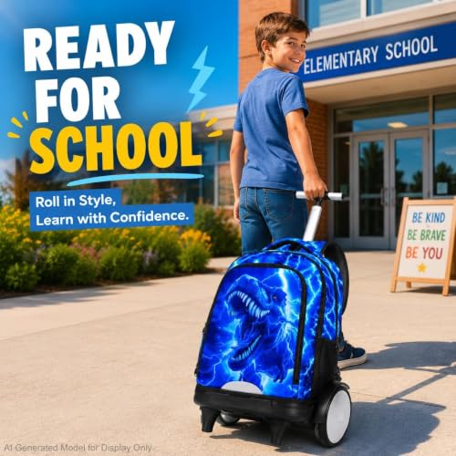 3Pcs Large Rolling Backpack for Boys, 20 Inch Detachable Light Up Wheeled Bookbag with Lunch Box, Durable Lightning Dinosaur Roller Backpack for Elementary Middle School (Blue) - color: Large Wheels Dinosaur Blue