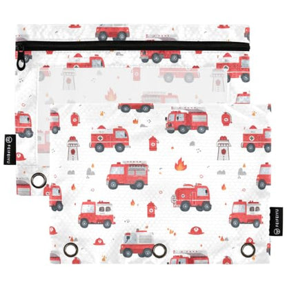 Gredecor 3 Ring Binder Pencil Pouch, Cartoon Red Fire Trucks White Zippered Pen Case Pouches with Clear Window, 2 Pack Stylish Office & School Supplie - color: Cartoon Red Fire Trucks White