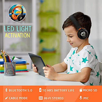 PowerLocus Kids Headphones Wireless, Bluetooth Headphones for Kids Over Ear, LED Lights, 85dB Safe Volume Limit, Foldable, Micro SD Mode, Built-in and Line-in Microphone for Phones,Tablets,Laptop - color: Black/Orange