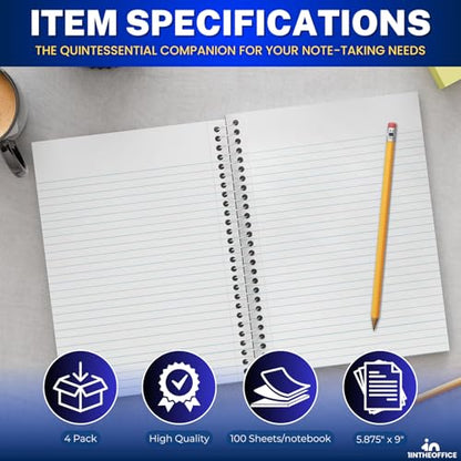 1InTheOffice Wirebound Spiral College Ruled Notebook 6 x 9, 3 Subject Notepad, Kraft Cover, 100 Sheets, (4/Pack)