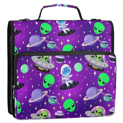 3 Ring Zipper Binder with Shoulder Strap Cute Astronauts Alien Space 1.5 inch Binders Keeper Large Capacity Multi Pockets for School Office Supplies