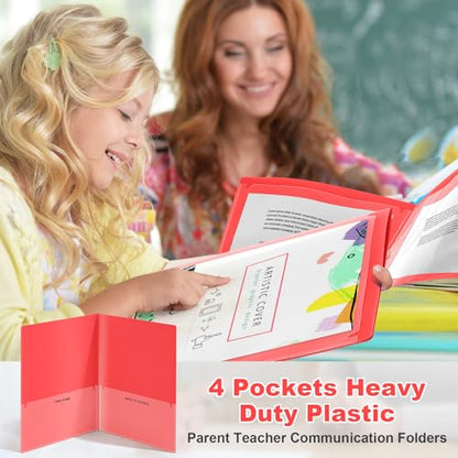 Henoyso 24 Pcs Plastic Folders with Clear Front Pockets Heavy Duty Take Home Back to School Pockets Homework Folders for School Students Parent Teacher Classroom Communication (Red) - color: Red
