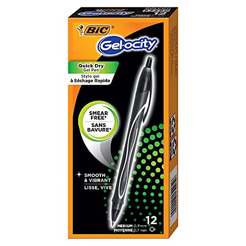 BIC Gel-Ocity Quick Dry Gel Pens, Medium Point Retractable (0.7mm), Black Ink Gel Pen, 12-Count- Pack of 18 - color: Black, size: 12 Count (Pack of 18)