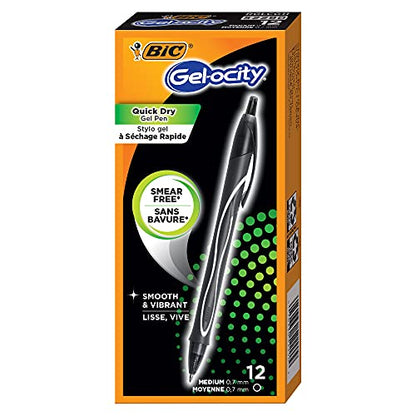 BIC Gel-Ocity Quick Dry Gel Pens, Medium Point Retractable (0.7mm), Black Ink Gel Pen, 12-Count- Pack of 18 - color: Black, size: 12 Count (Pack of 18)