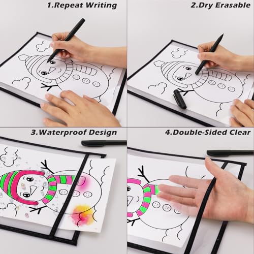 60 Packs Dry-Erase Pockets Bulk Oversized Reusable Dry Erase Pocket Sleeves with 4 Rings, 10x14 Black Ticket Holders, Clear Plastic Sheet Protectors, Teacher School Classroom Supplies - color: Black, size: 10 X 14"-60 PCS