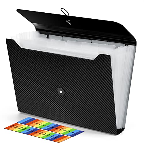 Expanding File Folder, 13 Pockets Accordion File Organizer, A4 Letter Size Paper Document Receipt Organizer Accordian Filing Folder for Classroom, Home, Office and Travel - color: Black+transparent