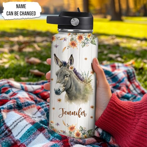 Hyturtle Personalized Donkey Water Bottle - Custom Name Insulated Stainless Steel Bottle with Leak-Proof Lid 18oz 32oz - Animal Lover Gift for Women Girls Donkey Lovers - Birthday & Christmas Gift - color: Donkey