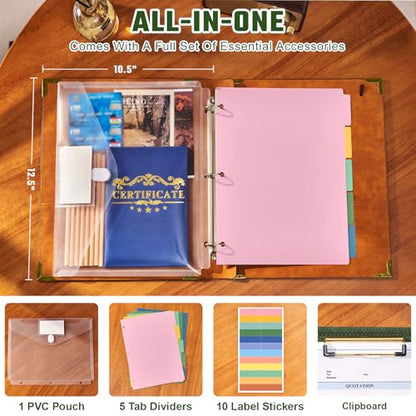 Ovesmusl 1 Inch 3 Ring Binder with Clipboard Leather Round Ring Binder with 5 Dividers, Plastic Folder, 400 Divider Stikers, Fits 175 Sheets 8.5"x11" Letter Size Paper, Tree of Life Green - color: Green Tree