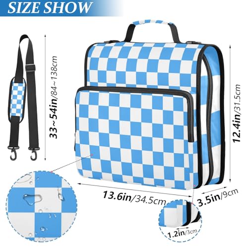 Checkered Blue Zipper Binder 3 Ring 1.5 Inch School Binder Organizer with Shoulder Strap Handle File Folder Pockets Large Capacity Students Girl Boy Men Office Work - color: Checkered Blue
