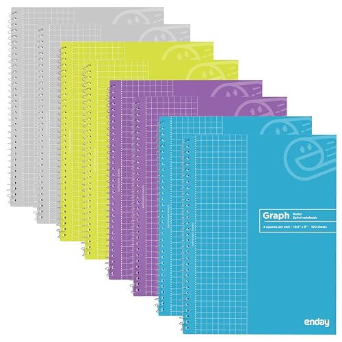 Emraw Graph Paper Notebook (8 Pack) Grid Notebook, Graph paper spiral notebook, Graph notebook, 4 Squares per inch Grid paper notebook, White Paper Quad Ruled Spiral Assorted Colors - by Enday - size: 8 Pack