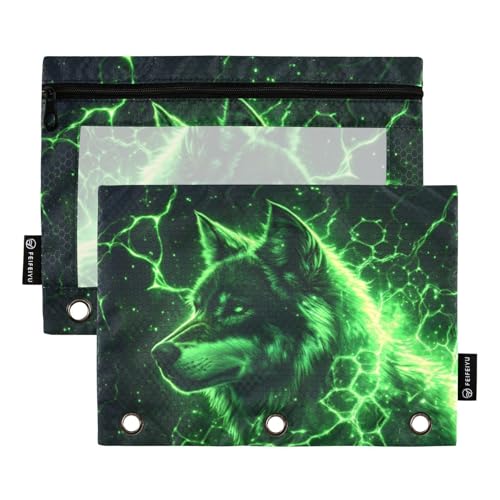 Wolf Pouch for 3 Ring Binder Clear Window Pencil Case for 3 Ring Reinforced Grommets with Zipper, 2 Pack - color: Wolf