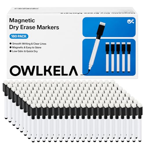 OWLKELA 160 Pcs Magnetic Dry Erase Markers with Eraser Cap, Fine Tip Whiteboard Markers with Eraser, Low Odor Dry Erase Marker Set for School Office Home, Black - size: 1 Count (Pack of 160)