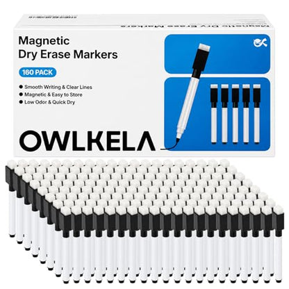 OWLKELA 160 Pcs Magnetic Dry Erase Markers with Eraser Cap, Fine Tip Whiteboard Markers with Eraser, Low Odor Dry Erase Marker Set for School Office Home, Black - size: 1 Count (Pack of 160)