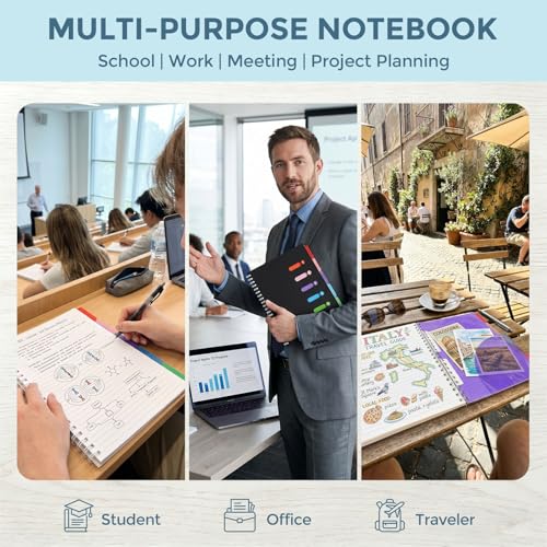 Subject Notebook Wide Ruled, 8.5x11inch Hardcover 5 Subject Lined Spiral Notebook with Dividers Tabs for School Note Taking Office Journal, 220 Pages, Black - color: Black