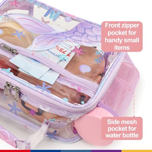 Bagseri Clear Kids Lunch Bag - School Snack Bag with Bottle Holder | Side Pocket, Buckle Handle, Wide Opening, PEVA Lining, School Girls Lunch Box, Clear Toy Bags, Purple Mermaid - color: B-purple mermaid tail