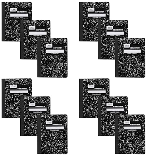 Mead Composition Notebook, 12 Pack, College Ruled Paper, 7-1/2" x 9-3/4", 100 Sheets per Comp Book, Black Marble (38111) - color: Black, size: Pack of 4